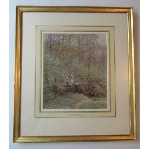 148 - Helen Allingham, watercolour, Tig Bridge, children standing on a bridge, signed, 11ins x 9.25ins Ple... 