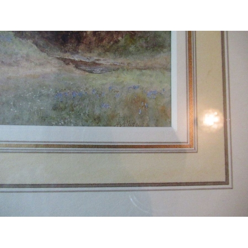 148 - Helen Allingham, watercolour, Tig Bridge, children standing on a bridge, signed, 11ins x 9.25ins Ple... 