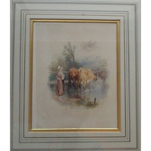 152 - Myles Birket Foster, watercolour, Changing Pastures, girl with cattle, monogrammed, 6.25ins x 4.75in... 