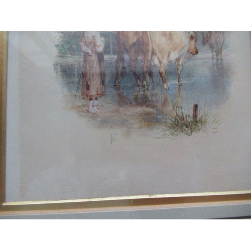 152 - Myles Birket Foster, watercolour, Changing Pastures, girl with cattle, monogrammed, 6.25ins x 4.75in... 