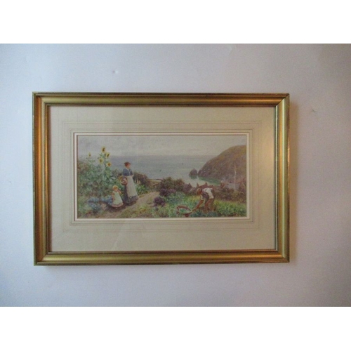 153 - Thomas James Lloyd, watercolour, cottage garden overlooking cave, 6.75ins x 13.5ins   (20A) good con... 