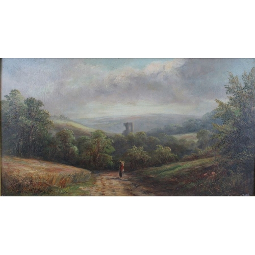 163 - Mellor, oil on canvas, Kirkstall Abbey, landscape with figure and ruin, 10ins x 17.5ins