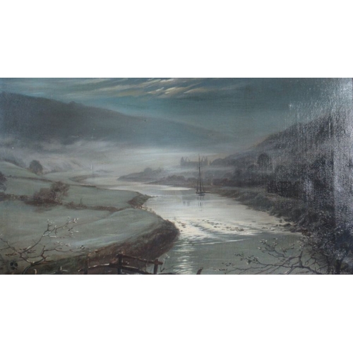 164 - An oil on canvas, moonlit landscape, inscribed Whistler, Whitby Estuary to the back, 13ins x 23ins