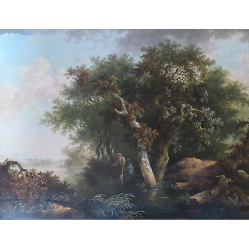 168 - Attributed to Charles Towne, oil on panel, man fishing in a river with trees, 12.5ins x 16.5ins