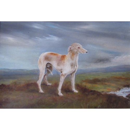 169 - A 19th century oil on panel, study of a greyhound in landscape, plaque to the frame engraved J Bates... 