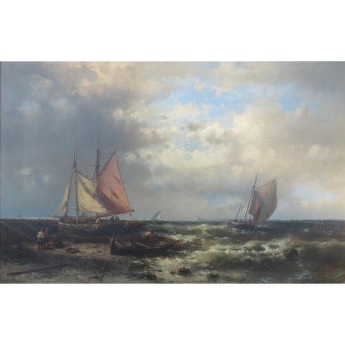 171 - Abraham Hulk, oil on canvas, beached sailing boats and sea, 22ins x 33ins