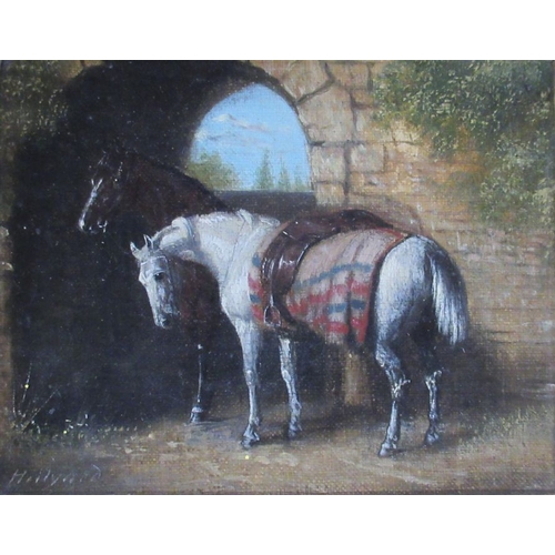 172 - J Hillyard, oil on board, study of two horses, 4ins x 5ins