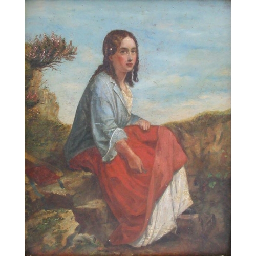 175 - A 19th century English School, oil on artist board, girl seated in a landscape, 9ins x 7ins