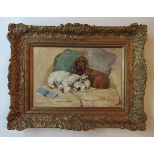 179 - Mabel Gear, oil on panel, Faithful Friends, terrier and a spaniel, signed, 10ins x 15ins (D)