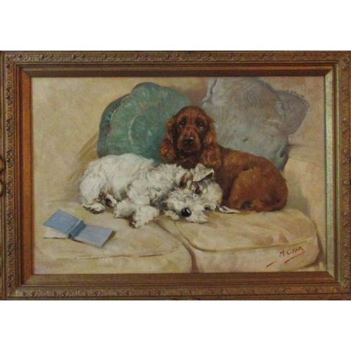 179 - Mabel Gear, oil on panel, Faithful Friends, terrier and a spaniel, signed, 10ins x 15ins (D)