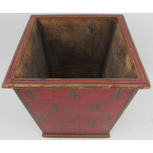 186 - A wooden waste paper bin, decorated with fleur de Lys to a red ground, 12.5ins x 12.5ins, height 14i... 