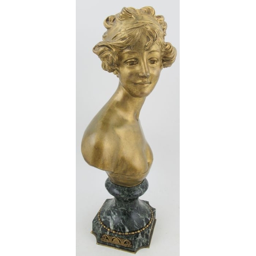 258 - An Art Nouveau gilded metal bust, of a lady, raised on a marble base, signed Van der Straeten, heigh... 