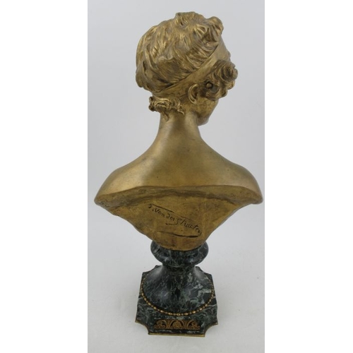 258 - An Art Nouveau gilded metal bust, of a lady, raised on a marble base, signed Van der Straeten, heigh... 