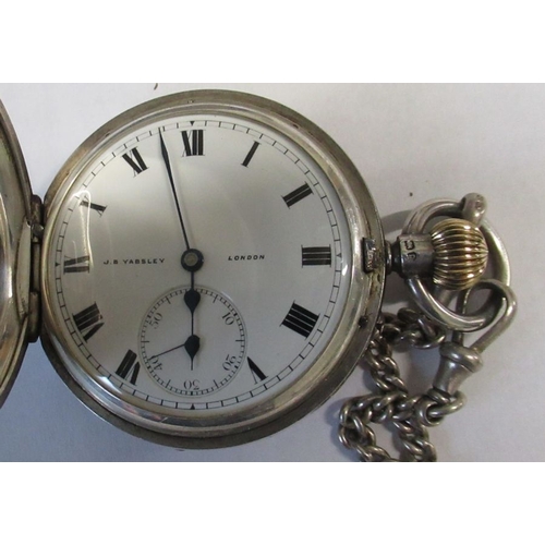 292 - A silver half hunter pocket watch, the white enamel dial with subsidiary dial inscribed J B Yabsley ... 