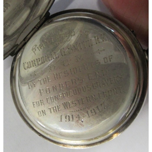 292 - A silver half hunter pocket watch, the white enamel dial with subsidiary dial inscribed J B Yabsley ... 