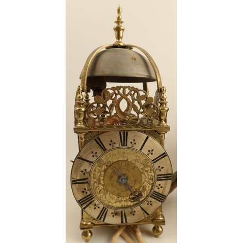 293 - Sergeant in Holborne London, An Antique brass lantern clock, the dial with single cut steel hand, ce... 