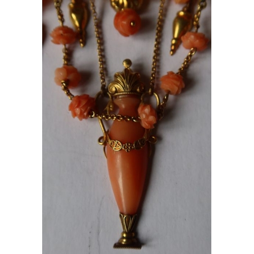 303 - A 19th century Italian carved coral and gold pendant brooch, having oval carved coral bust portrait,... 