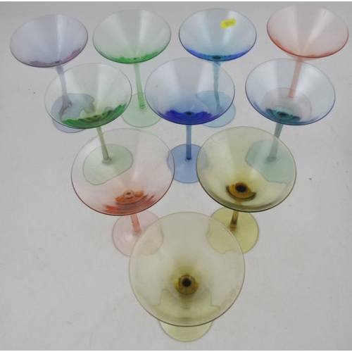 344 - Ten Art Deco style coloured cocktail glasses