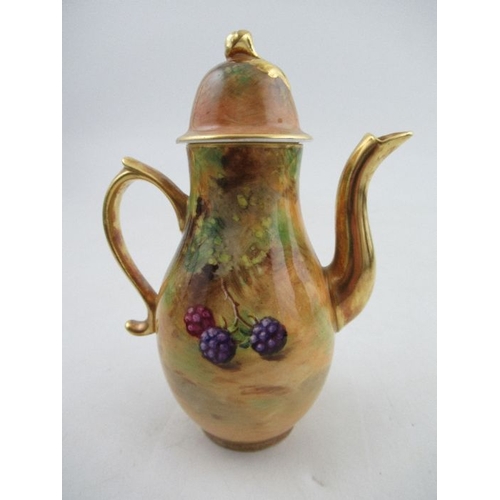 385 - A Royal Worcester miniature coffee pot, decorated with hand painted fruit, signed A.Shuck, with blue... 