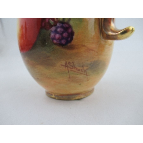 385 - A Royal Worcester miniature coffee pot, decorated with hand painted fruit, signed A.Shuck, with blue... 