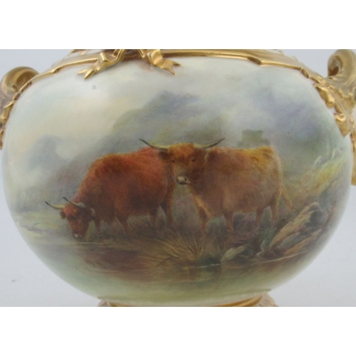 386 - A Royal Worcester Bow piece covered vase, decorate with Highland cattle in a landscape by John Stint... 