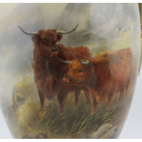 388 - A Royal Worcester covered vase, decorated with Highland cattle in landscape by John Stinton, shape n... 