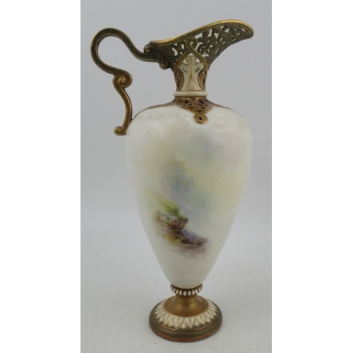 389 - A Royal Worcester ewer, decorated with Sheep on a rocky outcrop by Harry Davis, with pierced neck an... 