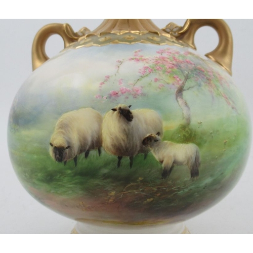 391 - A Royal Worcester globular vase, decorated with sheep under a blossom tree by Harry Davis, with a pa... 