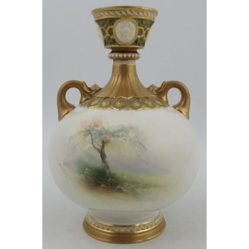 391 - A Royal Worcester globular vase, decorated with sheep under a blossom tree by Harry Davis, with a pa... 