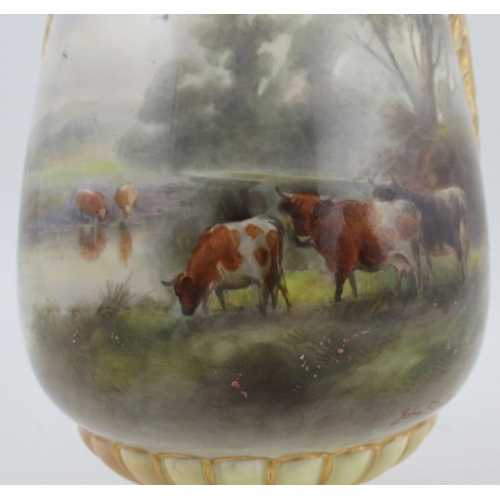 392 - A Royal Worcester covered vase, decorated with English cattle in landscape by John Stinton, with blu... 