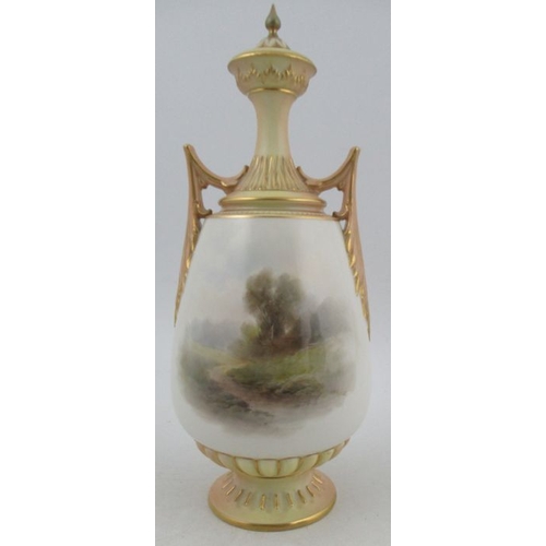 392 - A Royal Worcester covered vase, decorated with English cattle in landscape by John Stinton, with blu... 