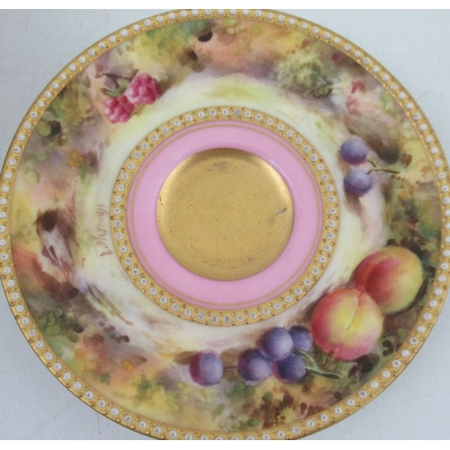 403 - A Royal Worcester miniature coffee cup and saucer, decorated with a band of fruit to a mossy backgro... 