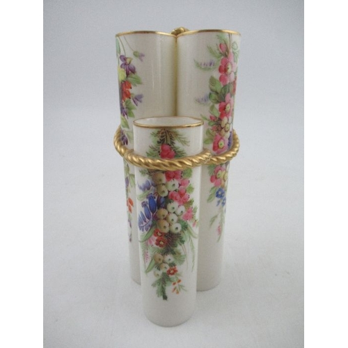 407 - A 19th century  Royal Worcester triple spill vase, with rope decoration , painted with flowers, heig... 