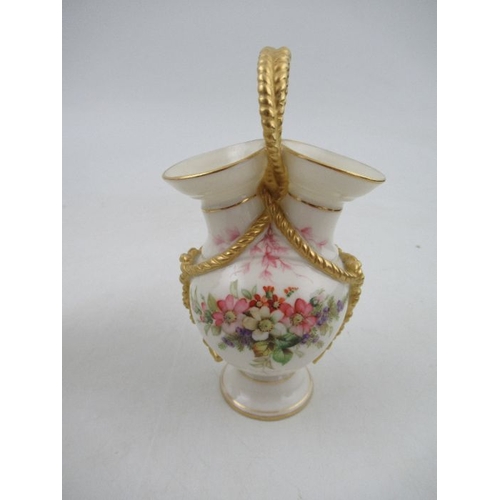 407 - A 19th century  Royal Worcester triple spill vase, with rope decoration , painted with flowers, heig... 