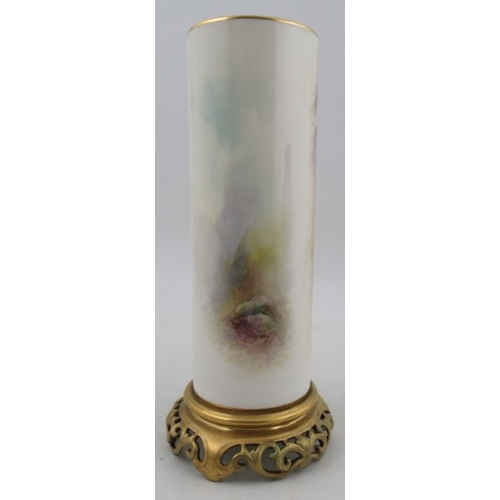 420 - A Royal Worcester cylindrical vase, decorated with stag and a hind in landscape by Harry Stinton, to... 