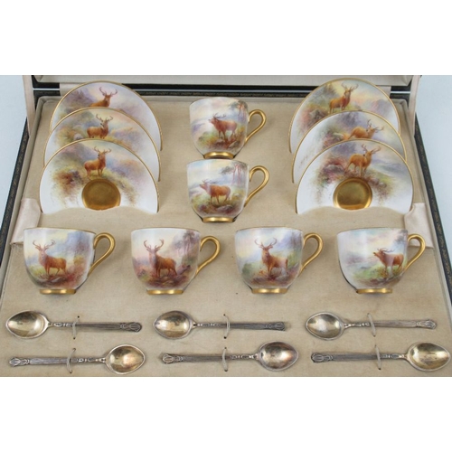 421 - A Royal Worcester cased coffee set, comprising six cups and saucers, decorated with Stags in a lands... 