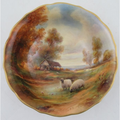 430 - A Royal Worcester Bennett bowl, the interior decorated with sheep in an extensive landscape with bar... 