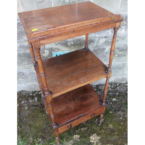 49 - A 19th century rosewood what not having three tiers, the upper section with a ratcheted slope and fi... 