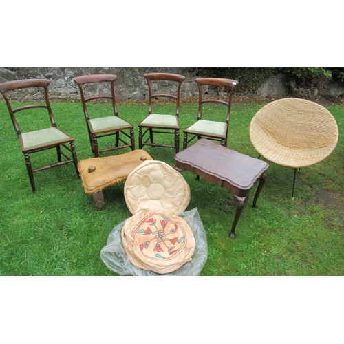 8 - A set of four rosewood chairs, together with a wicket garden tub chair, a camel stool, a coffee tabl... 