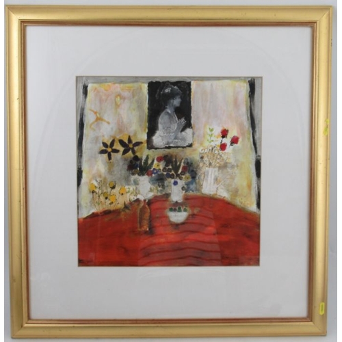 89 - Leo MacDonald, mixed media, Portrait with Flower Table, 15ins x 14.5ins