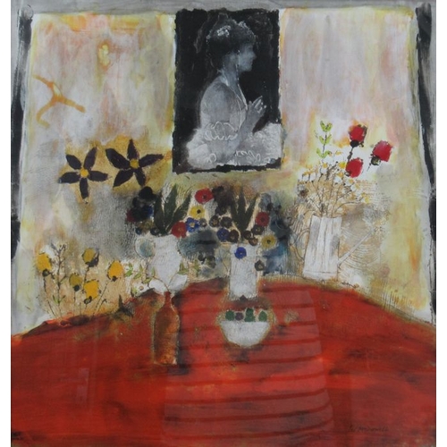 89 - Leo MacDonald, mixed media, Portrait with Flower Table, 15ins x 14.5ins