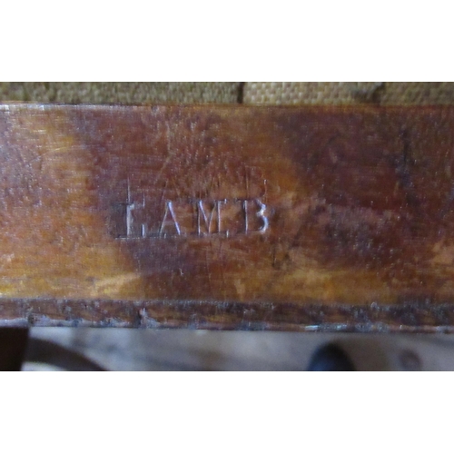 31 - A small mahogany and upholstered foot stool, stamped Lamb Manchester, 14.5ins x 12ins, height 5ins