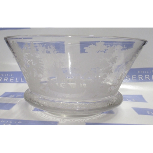 102 - A glass bowl, with etched decoration of figures in boats and fishermen, diameter 12ins, height 6ins