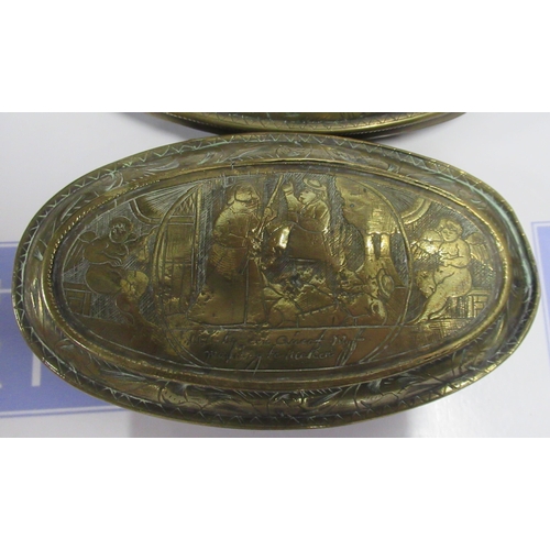 103 - An Antique oval brass snuff box, with engraved decoration, maximum diameter 5ins, height 12.75ins