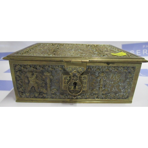 104 - A brass box, with embossed cherub and scroll decoration, 7.75ins x 6ins, height 3ins