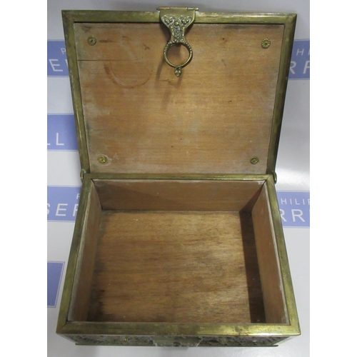 104 - A brass box, with embossed cherub and scroll decoration, 7.75ins x 6ins, height 3ins