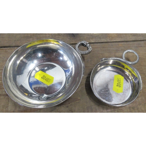 107 - Two silver wine tasting cups, with snake handle, weight 3oz