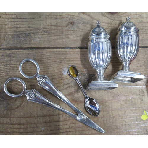 115 - A pair of silver cruets, together with a pair of silver grape scissors and a spoon