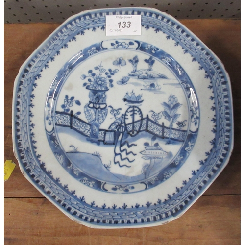 133 - An Oriental blue and white plate, af, diameter 9ins, together with a shallow blue bowl, diameter 13.... 