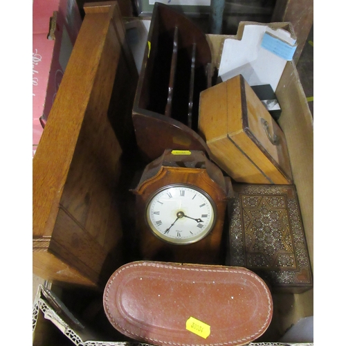 187 - A collection of wooden boxes, a stationary rack and a mantel clock